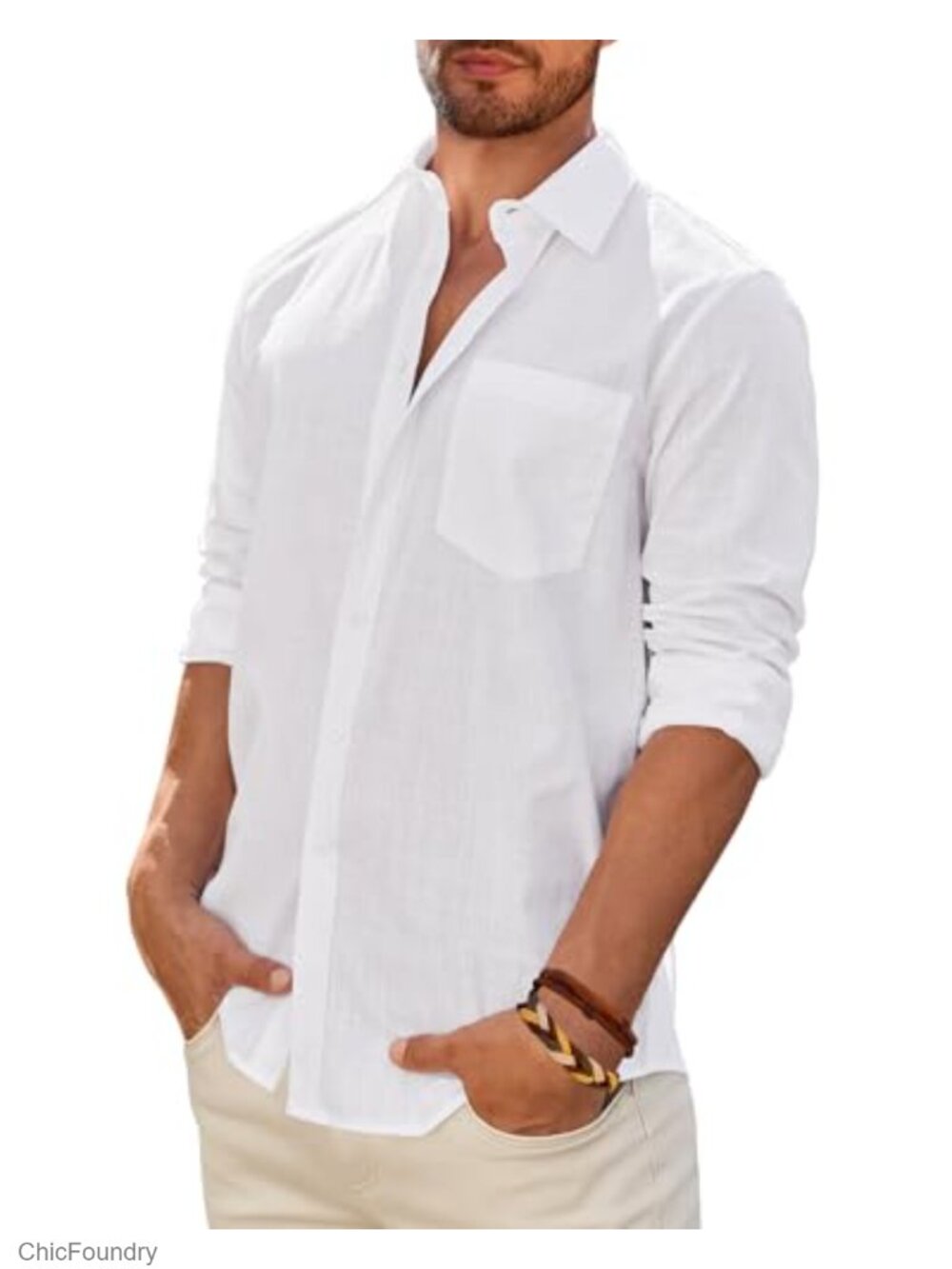 Men's Cotton Linen Textured Long Sleeve Button Down Shirt Breathable Beach